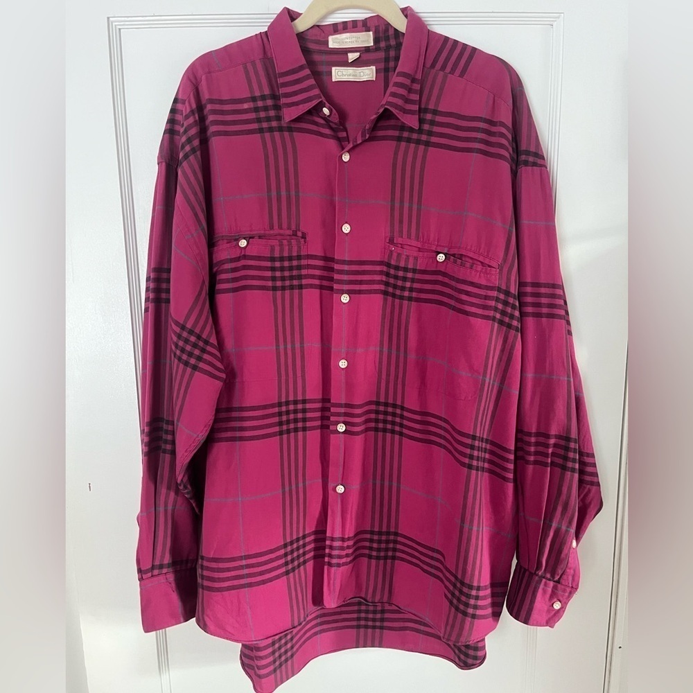 90s y2k CHRISTIAN DIOR mens pink plaid button up shirt cotton XL preppy classic